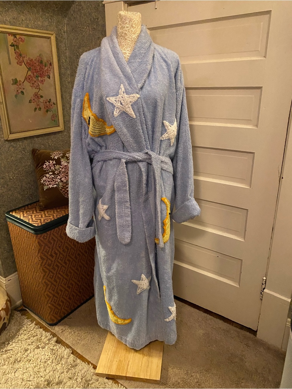 Vintage blue chenille robe full length Victoria’s Secret stars moons celestial